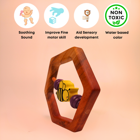 Wooden Rattle-Hexagon with Bee & Honeycomb